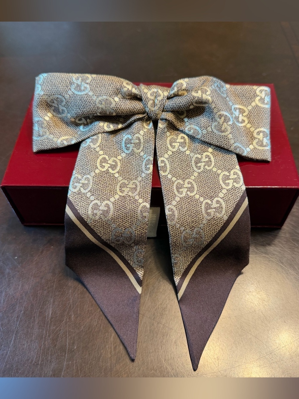 New Authentic Gucci GG Logo Bow Scrunchie Brown Hair Accessory